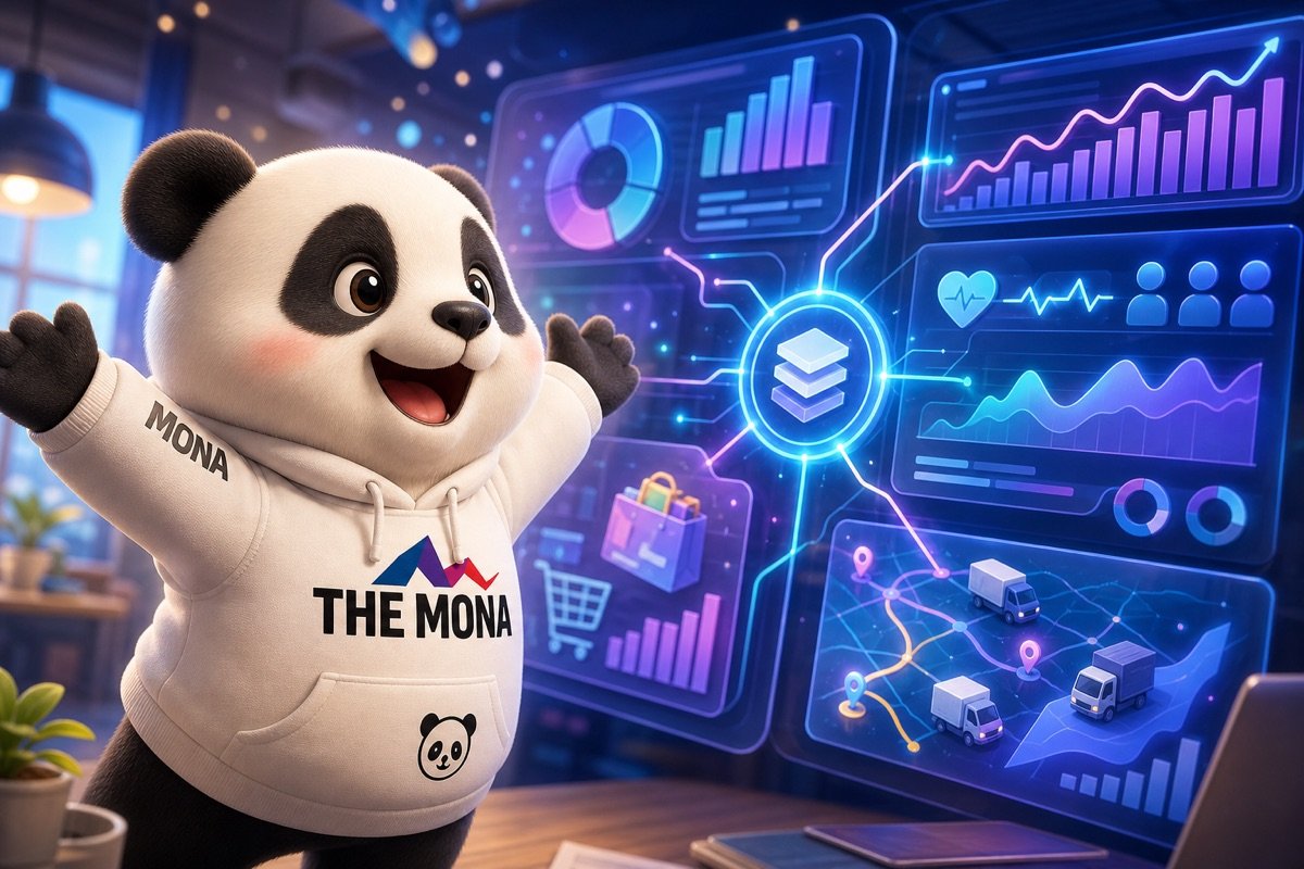 Góc nhìn qua vai chú gấu MONA xem bảng điều khiển BI với dữ liệu đa ngành, cho thấy tiềm năng mở rộng của báo cáo BI ngành sản xuất.