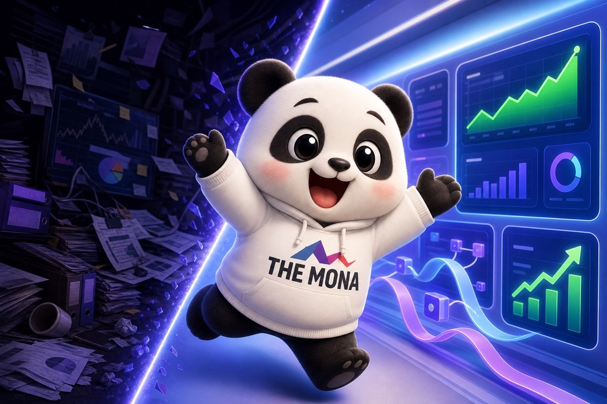 Chú gấu MONA tươi cười mời gọi, đứng giữa khung cảnh trước và sau khi áp dụng báo cáo BI, biến dữ liệu thành lợi nhuận.