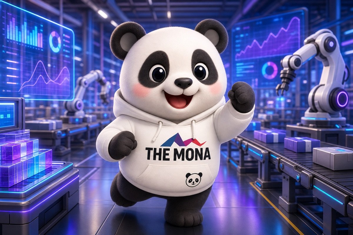 Chú gấu MONA tự tin giữa nhà máy hiện đại, biểu tượng cho báo cáo BI ngành sản xuất giúp biến dữ liệu thành lợi nhuận.