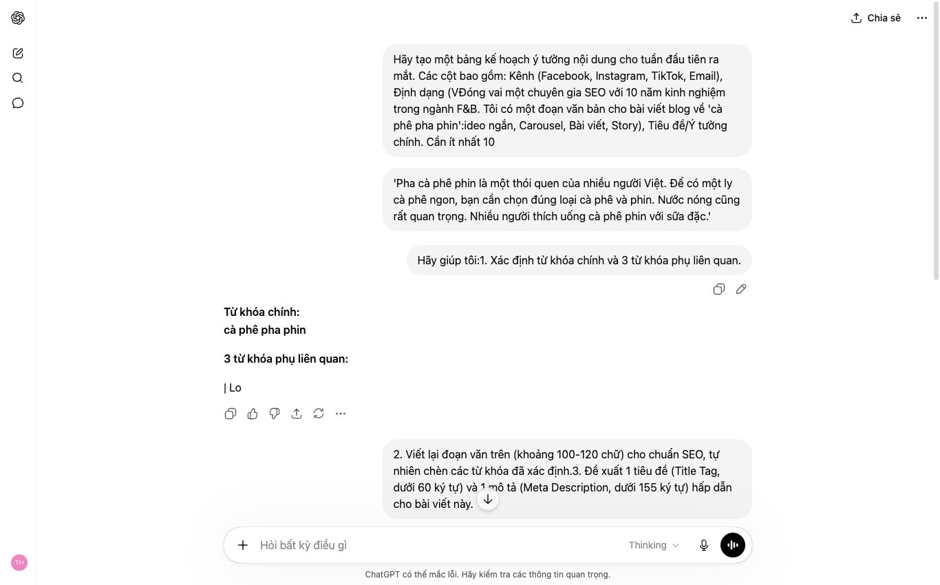 Tối ưu hóa nội dung web và SEO cho bài viết về cà phê bằng ChatGPT