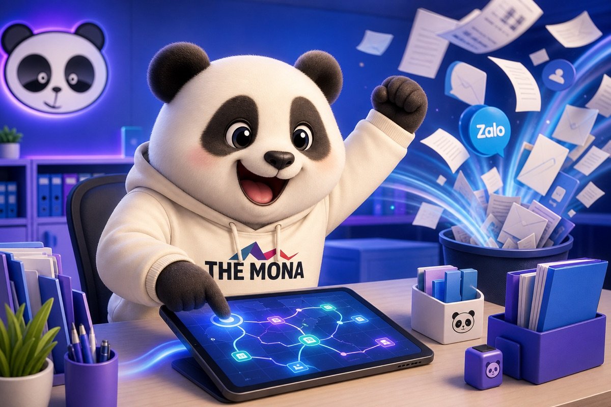 Gấu panda nhẹ nhõm khi dùng phần mềm quản lý chất lượng để giải quyết sự cố, không còn đống giấy tờ hỗn loạn.