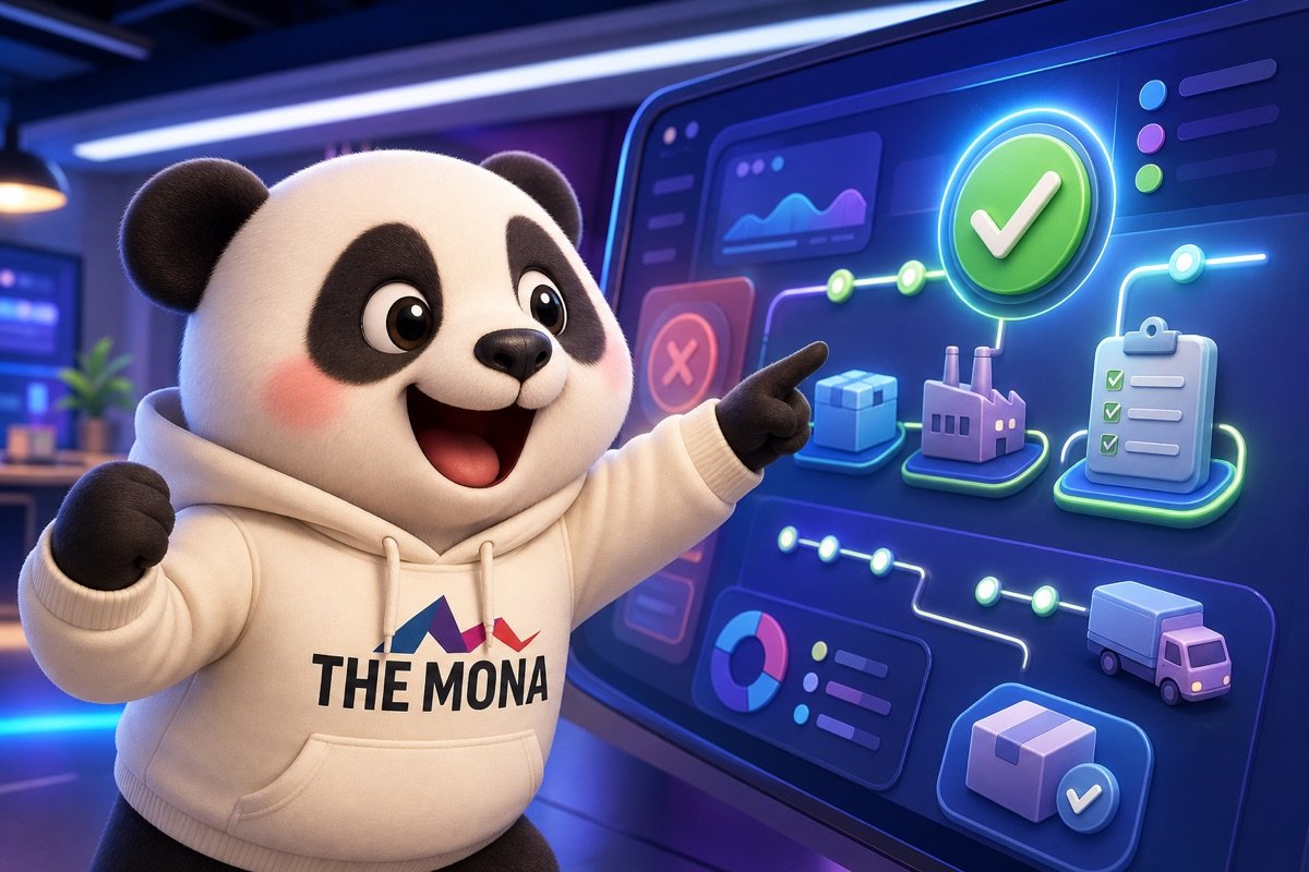 Góc nhìn qua vai gấu panda đang vui vẻ chỉ vào màn hình hiển thị tình trạng truy xuất nguồn gốc sản phẩm đã được giải quyết bằng phần mềm quản lý chất lượng.