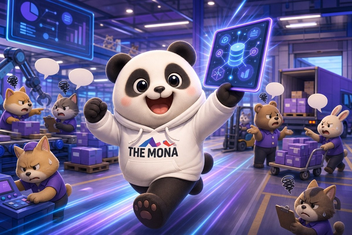 Gấu panda lướt qua các phòng ban đang đổ lỗi cho nhau, tự tin với dữ liệu thống nhất từ phần mềm quản lý chất lượng.