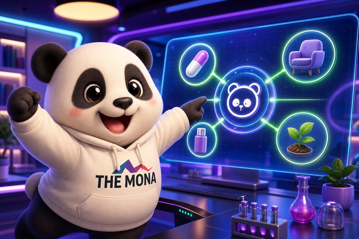 Gấu panda vui vẻ chỉ vào màn hình hiển thị phần mềm quản lý chất lượng ứng dụng thành công cho nhiều ngành như dược phẩm, nội thất, mỹ phẩm, nông sản.