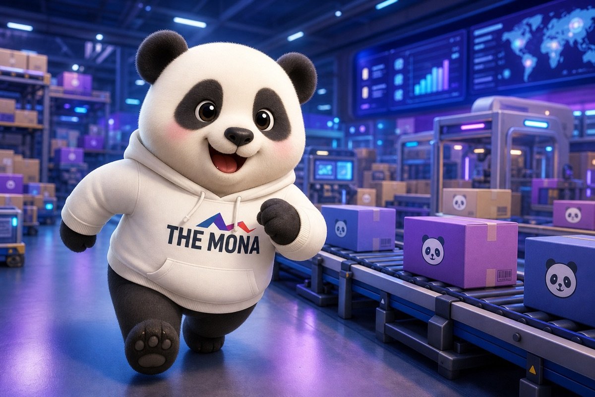Gấu panda tự tin đứng giữa nhà máy hiện đại, thể hiện khả năng truy vết lỗi nhanh chóng với phần mềm quản lý chất lượng.