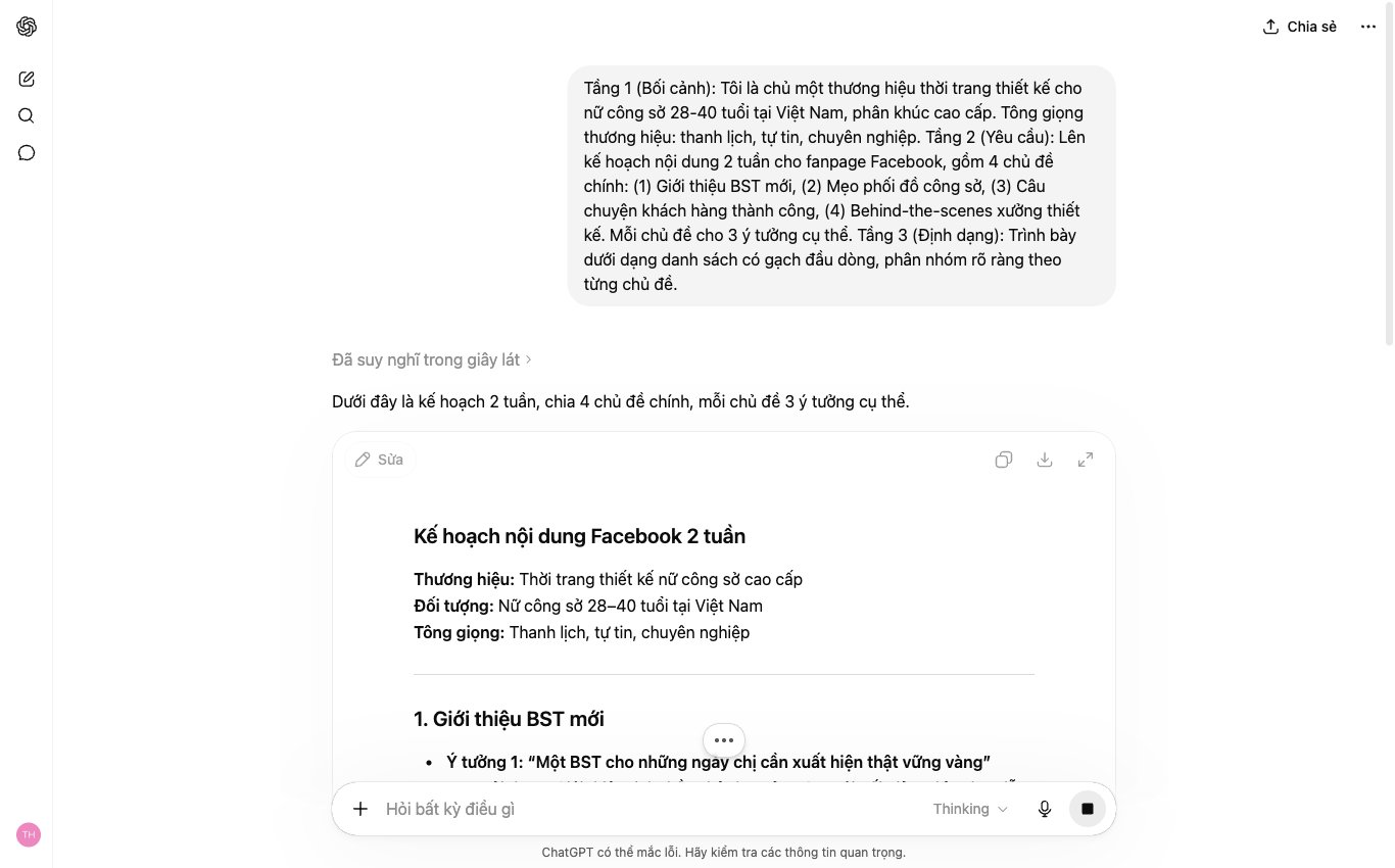 Sử dụng công thức prompt 3 tầng trên ChatGPT di động để lên kế hoạch nội dung social media cho doanh nghiệp.