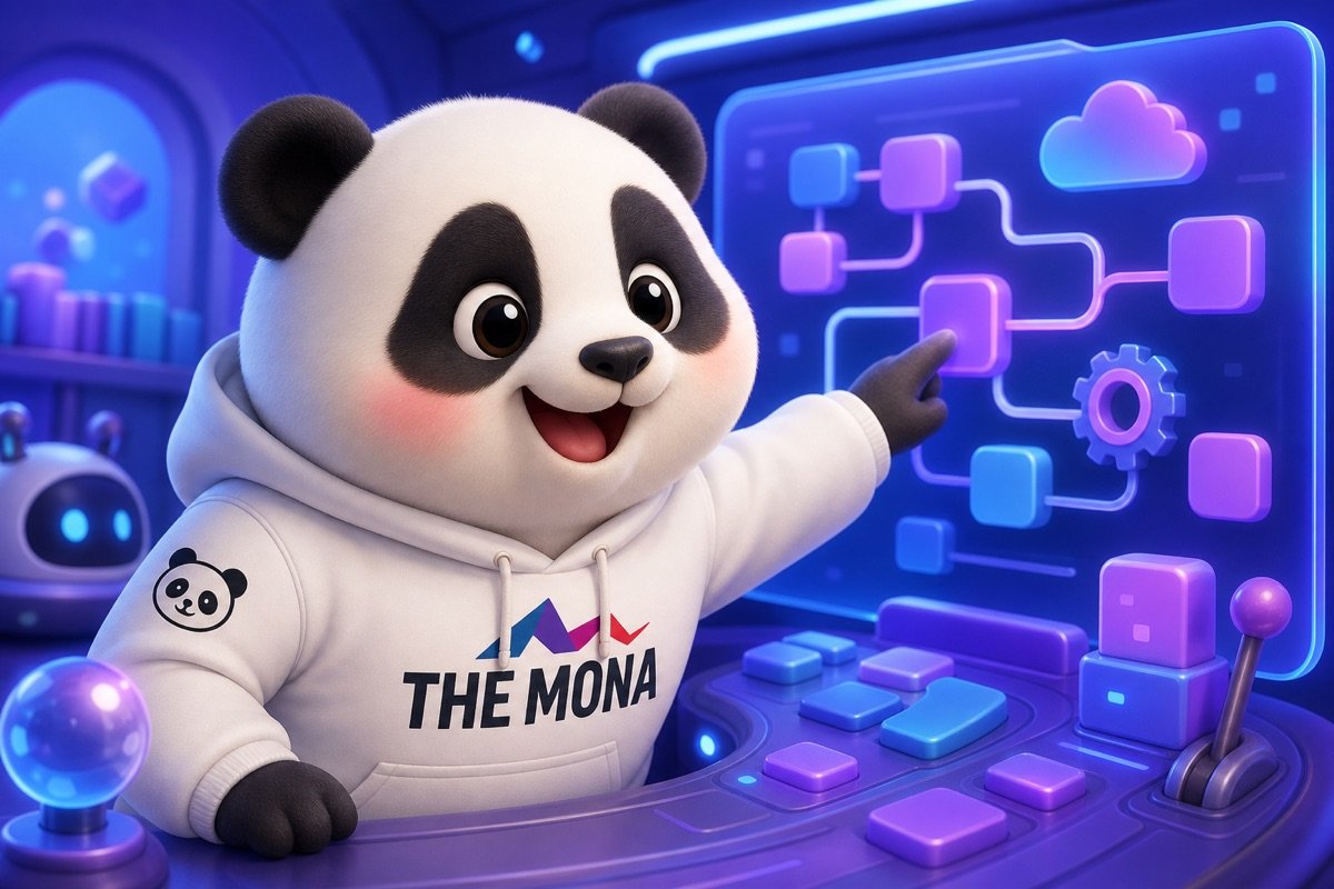Gấu MONA nhẹ nhõm nhìn màn hình với giải pháp tự động hóa cho doanh nghiệp.