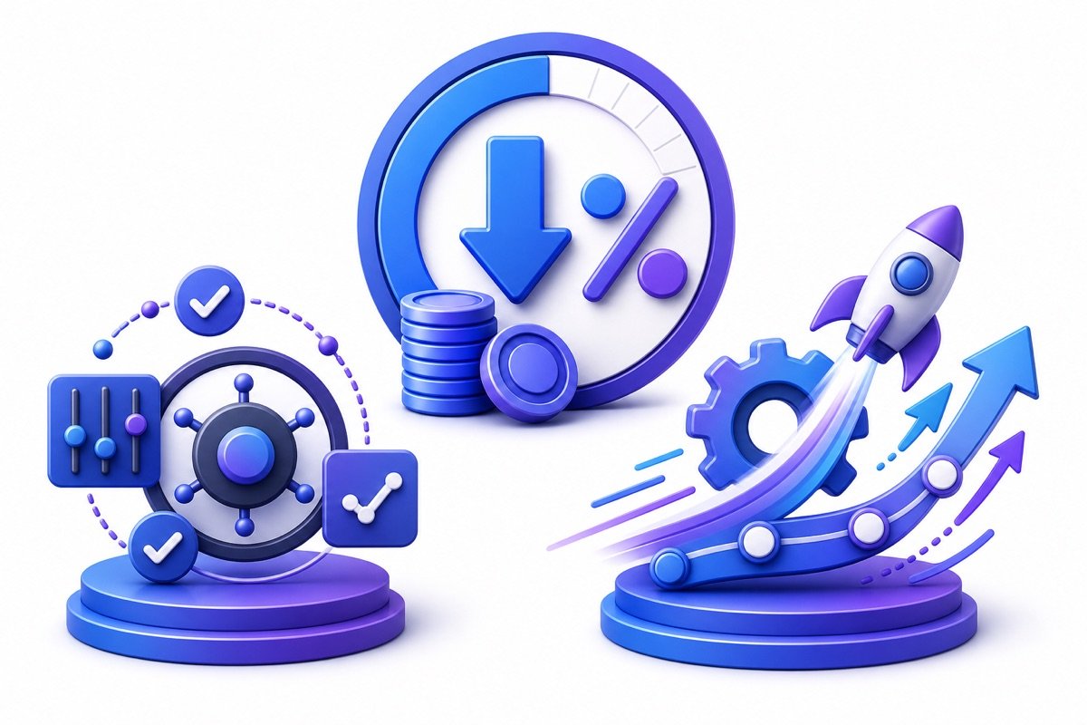 Infographic tổng kết lợi ích: phần mềm AI cho doanh nghiệp giúp giảm 30% chi phí, tăng cường kiểm soát và hiệu suất vận hành.