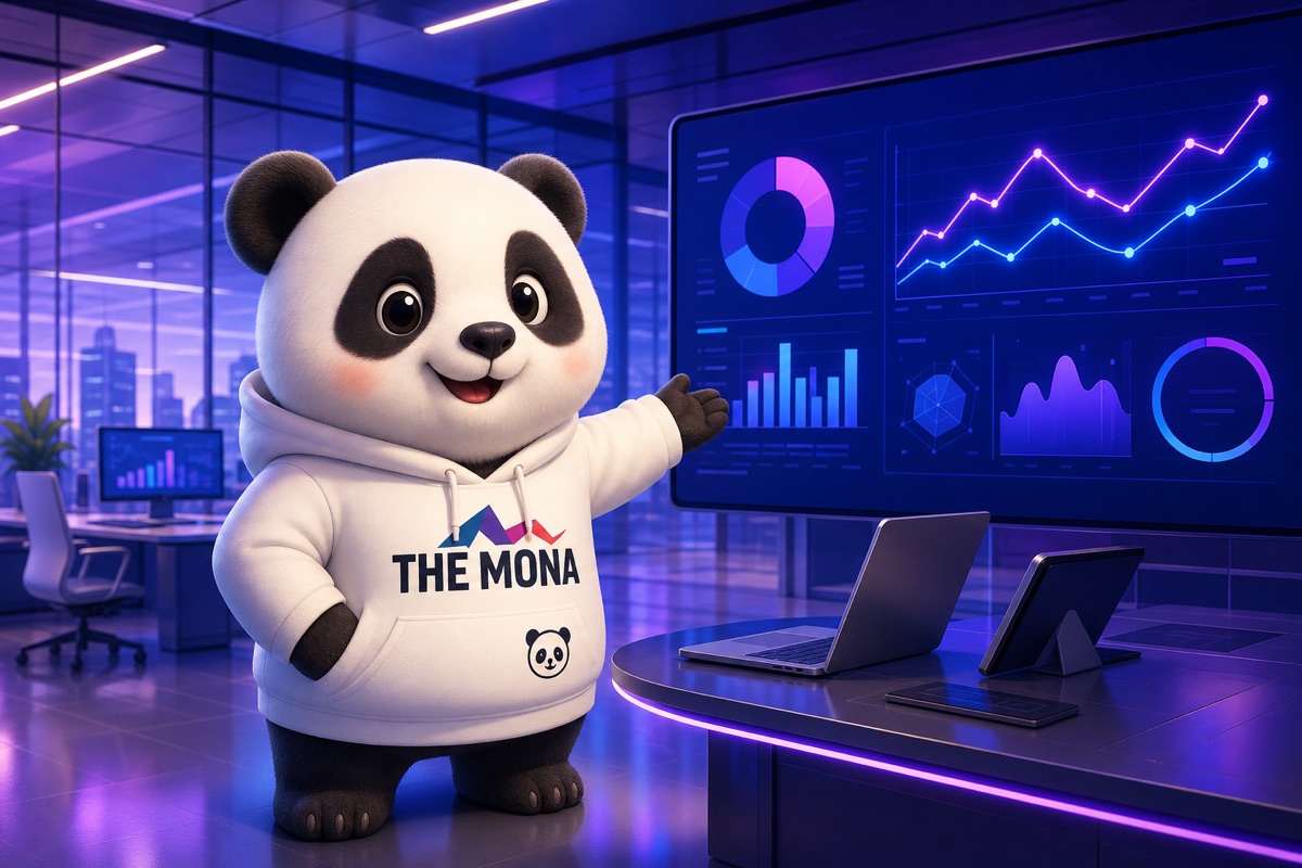 Chú gấu MONA tự tin chào đón, giữa không gian văn phòng B2B hiện đại, thể hiện sự thật về chatbot AI cho doanh nghiệp B2B.