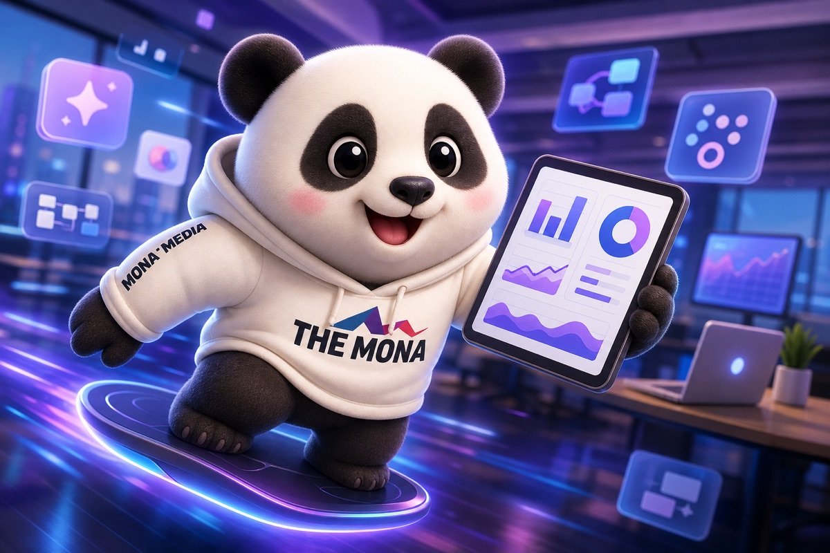 Gấu trúc vui vẻ di chuyển trong không gian làm việc, so sánh các công cụ AI quản trị website trên màn hình máy tính bảng.