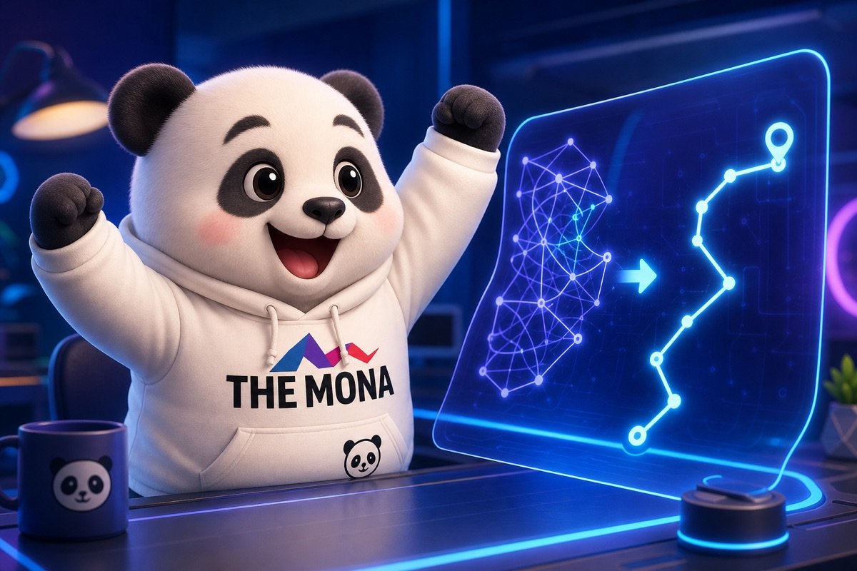 Chú gấu MONA thể hiện sự nhẹ nhõm khi kiểm soát được lộ trình di chuyển của đội ngũ kinh doanh nhờ phần mềm DMS tích hợp AI.