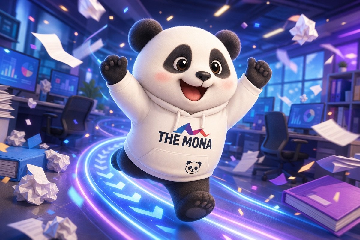 Chú gấu MONA vui vẻ di chuyển trong văn phòng, thể hiện hiệu suất làm việc tăng nhờ lộ trình minh bạch từ phần mềm DMS tích hợp AI.