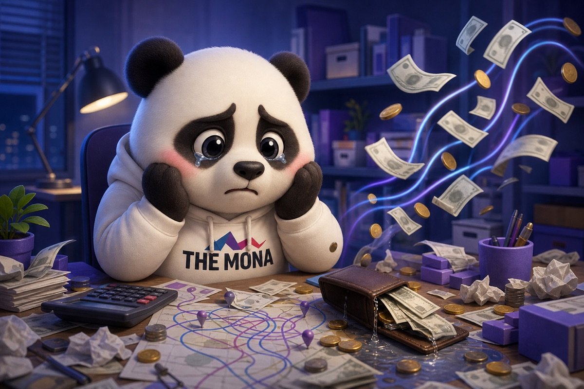 Chú gấu MONA buồn bã vì tiền chảy ra do lộ trình đi tuyến không minh bạch trước khi dùng phần mềm DMS tích hợp AI.