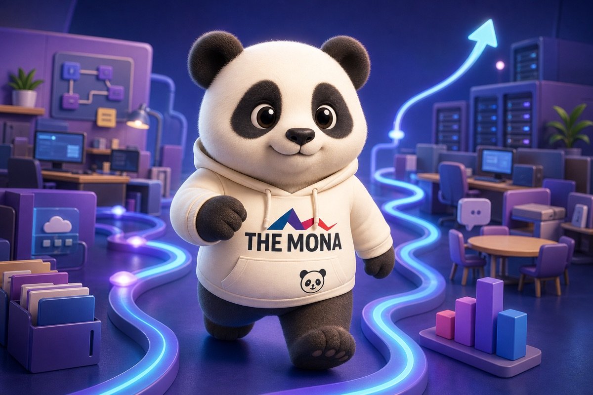 Chú gấu MONA thể hiện sự quyết tâm trong quá trình triển khai phần mềm DMS tích hợp AI để mở rộng hiệu quả kinh doanh.