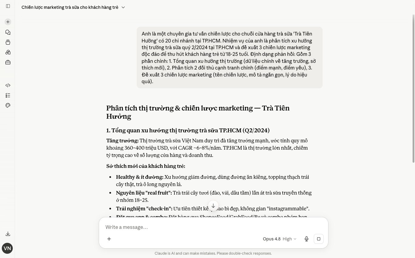 Claude AI tạo chiến lược marketing, prompt định hình kết quả, tối ưu hóa Claude cho doanh nghiệp trà sữa.