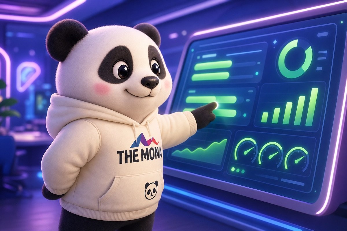 Góc nhìn từ phía sau, panda vui mừng xem bảng điều khiển hiệu suất, AI agent hỗ trợ nhân viên mới giúp tăng hiệu quả.