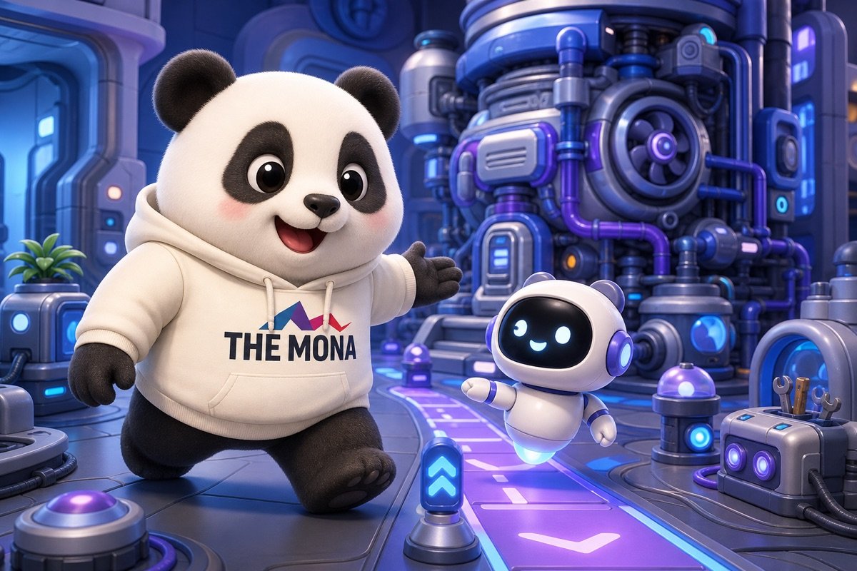 Gấu MONA vui vẻ hướng dẫn một chatbot đơn giản từ Copilot Studio, trong khi phía sau là hệ thống nghiệp vụ phức tạp của doanh nghiệp lớn.