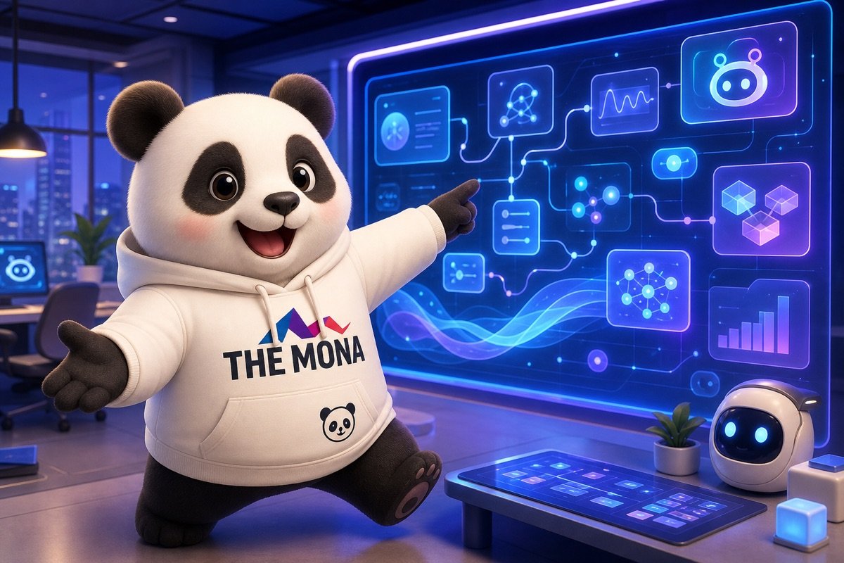 Gấu MONA hào hứng chỉ vào các giải pháp AI agent của MONA, mời gọi doanh nghiệp khám phá để tối ưu vận hành và giải quyết nỗi đau dissonance.