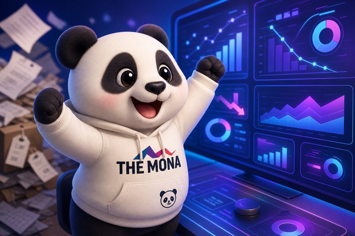 Góc nhìn qua vai chú gấu panda đang xem bảng điều khiển số liệu, thể hiện sự hiệu quả sau chuyển đổi số ngành sản xuất.