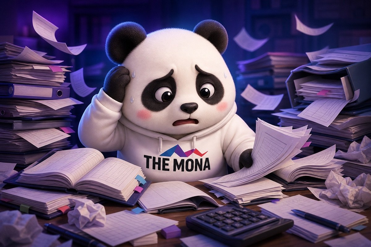 Chú gấu panda căng thẳng ngồi giữa đống giấy tờ, minh họa nỗi đau mất kiểm soát vật tư trước khi chuyển đổi số ngành sản xuất.