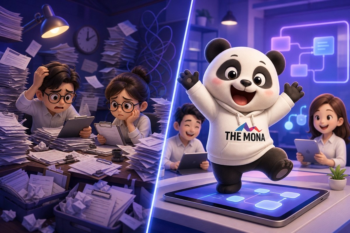 Hình ảnh so sánh trước và sau, chú gấu panda tươi cười mời gọi bắt đầu chuyển đổi số ngành sản xuất từ một quy trình nhỏ.