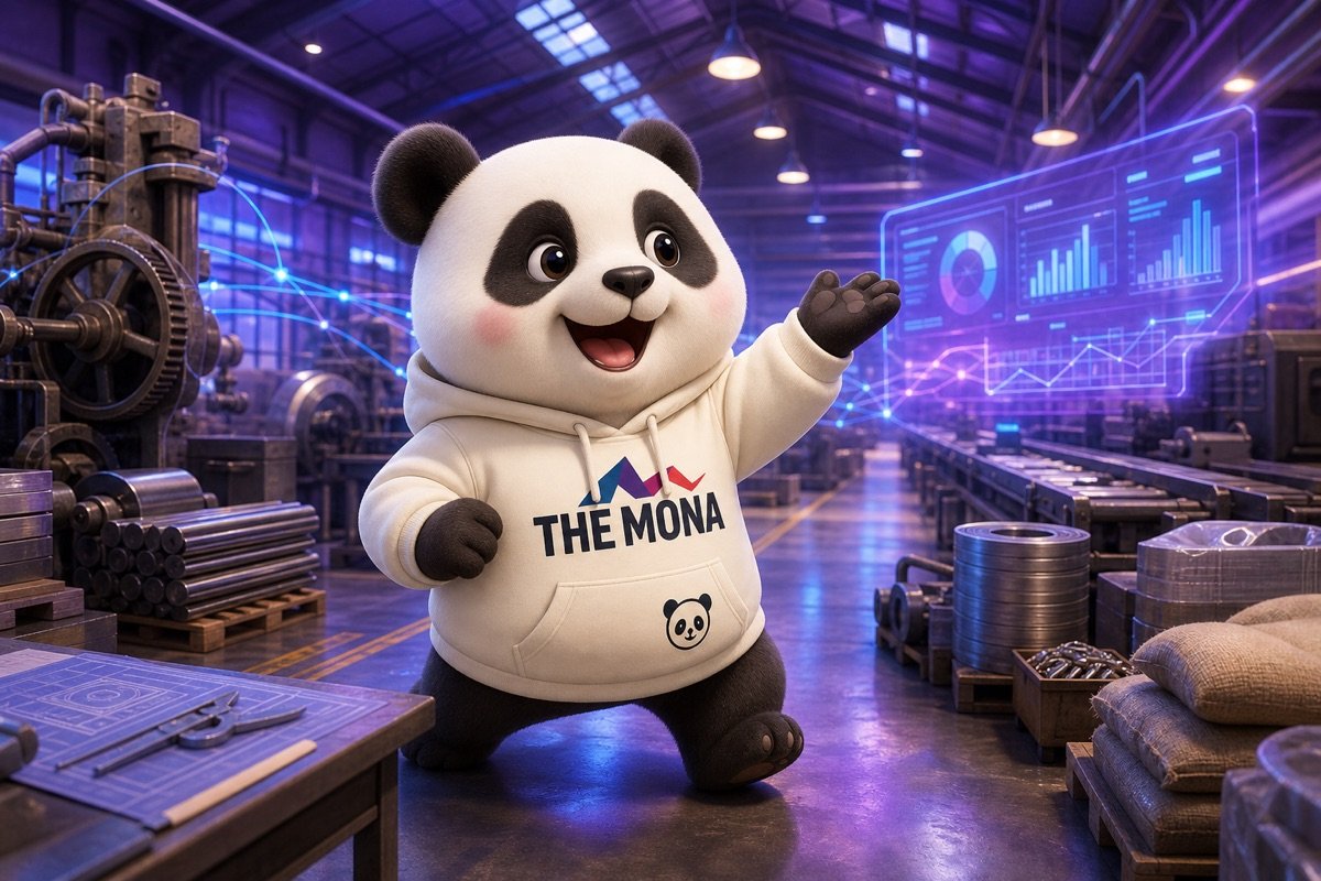 Chú gấu panda tự tin đứng giữa nhà máy sản xuất, thể hiện sự chuyển đổi số ngành sản xuất.
