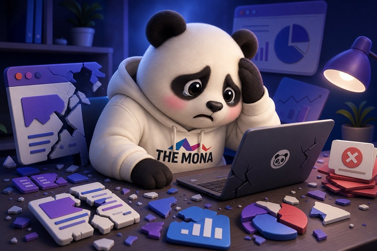 Chú gấu MONA buồn rầu, lo lắng vì website không hiệu quả, gây tổn thất uy tín và tiền bạc, dù đã đầu tư nhiều vào bảng giá thiết kế website doanh nghiệp.