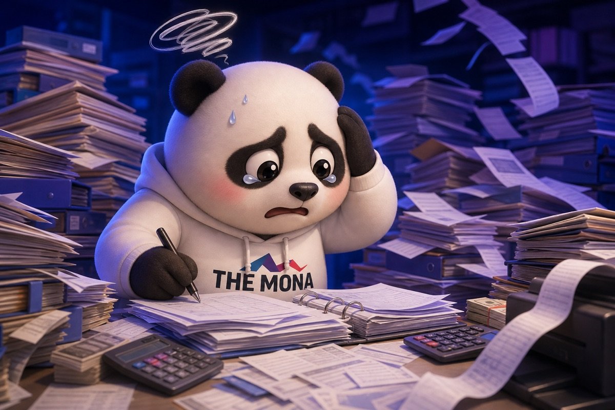 Gấu panda lo lắng trước núi giấy tờ và hóa đơn ERP khổng lồ, thể hiện nỗi đau tiền chảy ra khi chuyển đổi số sản xuất.