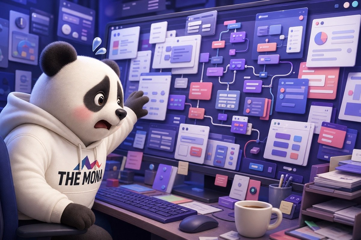 Gấu panda mệt mỏi nhìn màn hình ERP phức tạp, thể hiện sự quan liêu và mất kiểm soát trong chuyển đổi số sản xuất.