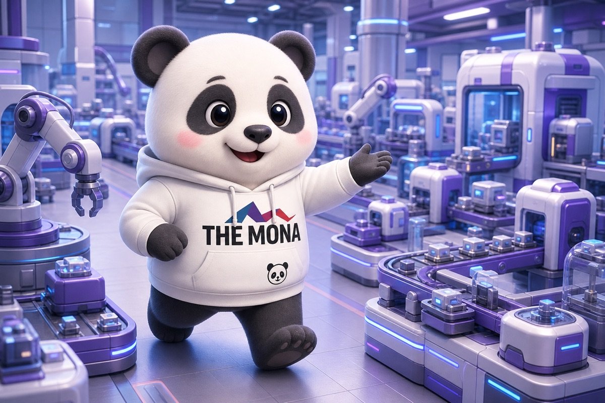 Gấu panda vui vẻ di chuyển qua các mô-đun tự động hóa nhỏ, thể hiện cách tiếp cận chuyển đổi số sản xuất hiệu quả.