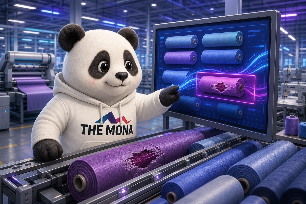 Gấu panda nhỏ bé trong nhà máy may mặc, phát hiện sai sót trong chuỗi cung ứng nhờ hệ thống chuyển đổi số sản xuất.