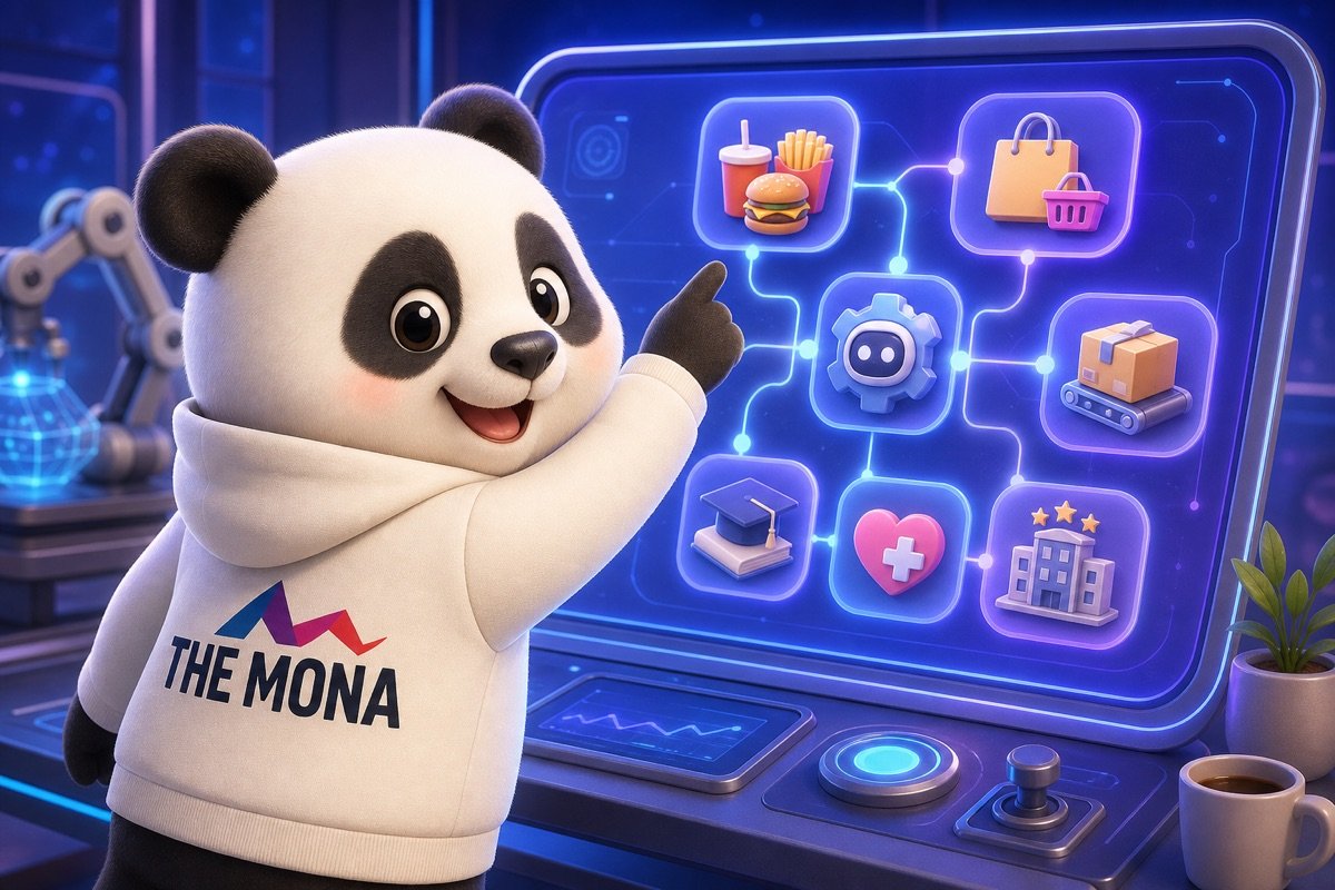 Gấu panda chỉ vào màn hình hiển thị các ngành khác nhau cũng có thể áp dụng tự động hóa quy trình nhỏ trong chuyển đổi số.