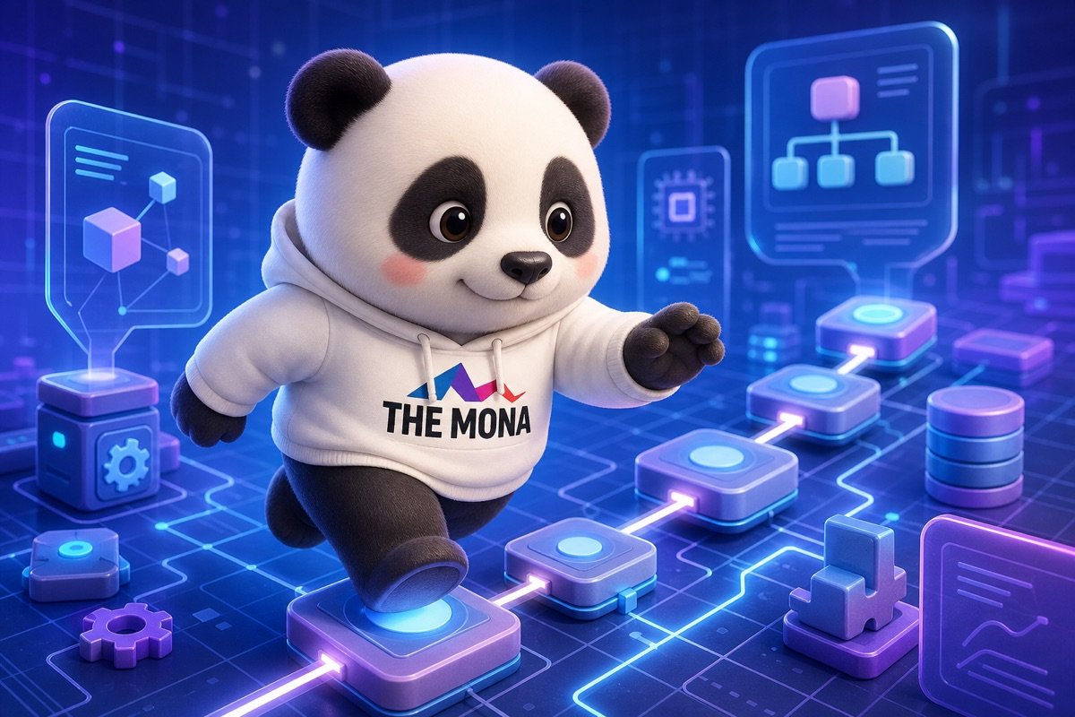 Gấu panda quyết tâm thực hiện từng bước trong quy trình tự động hóa, minh họa tính linh hoạt của chuyển đổi số sản xuất.