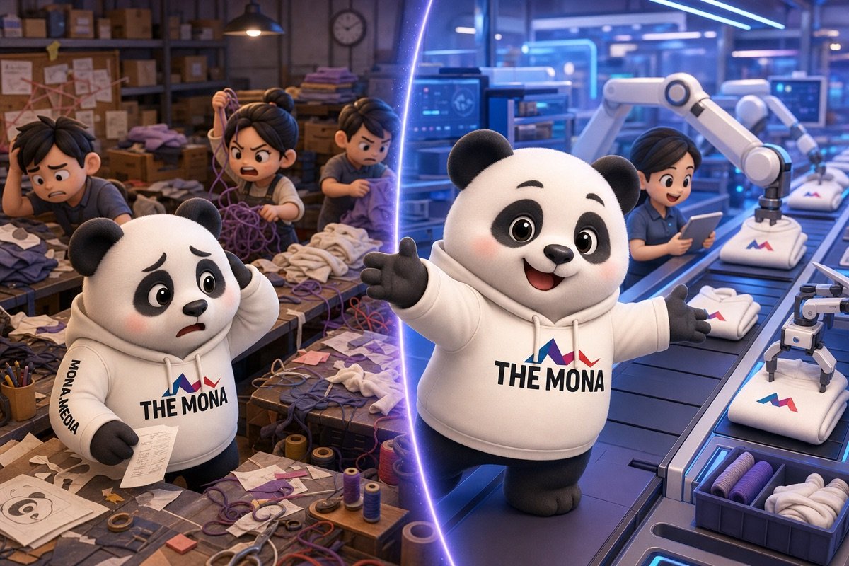 Hình ảnh so sánh trước và sau chuyển đổi số sản xuất, gấu panda tươi cười mời gọi hành động.