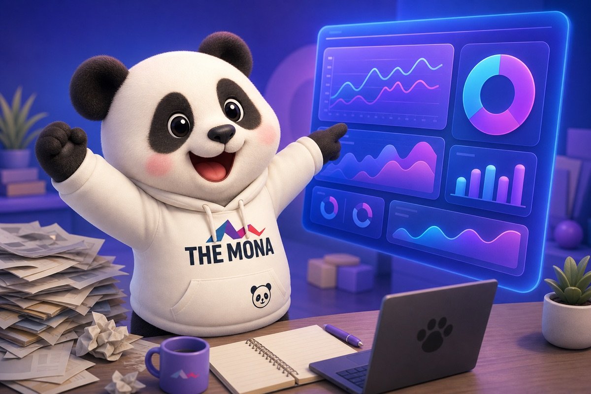 CEO gấu trúc vui vẻ xem báo cáo kinh doanh tự động trên màn hình, thay thế giấy tờ cũ.