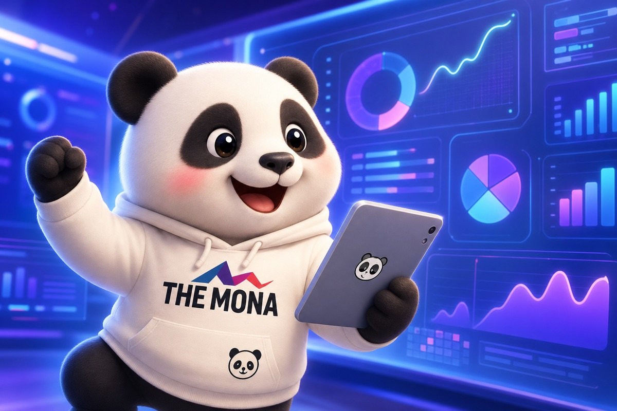 CEO gấu trúc vui vẻ xem báo cáo kinh doanh tự động tổng hợp, không còn phải hỏi số liệu từng phòng ban.