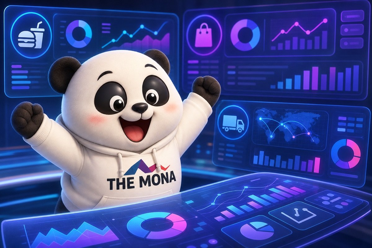 CEO gấu trúc xem báo cáo tự động hóa kinh doanh đa ngành, thể hiện tính linh hoạt của giải pháp.
