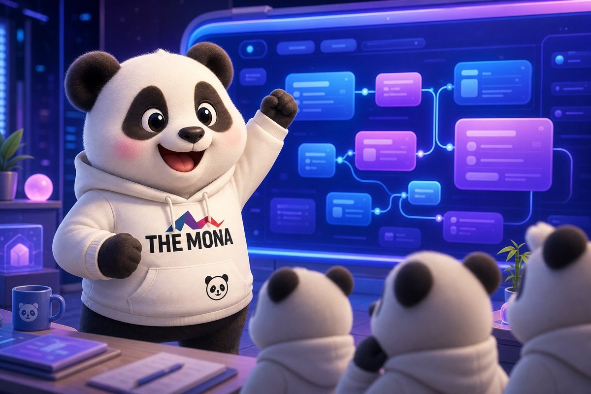 Gấu trúc CEO xem dashboard ERP, hy vọng giải quyết sự phản kháng từ nhân viên cũ.