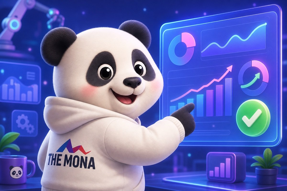 Gấu panda vui mừng chỉ vào màn hình hiển thị hiệu suất đầu tư rõ ràng của chi phí tự động hoá doanh nghiệp.