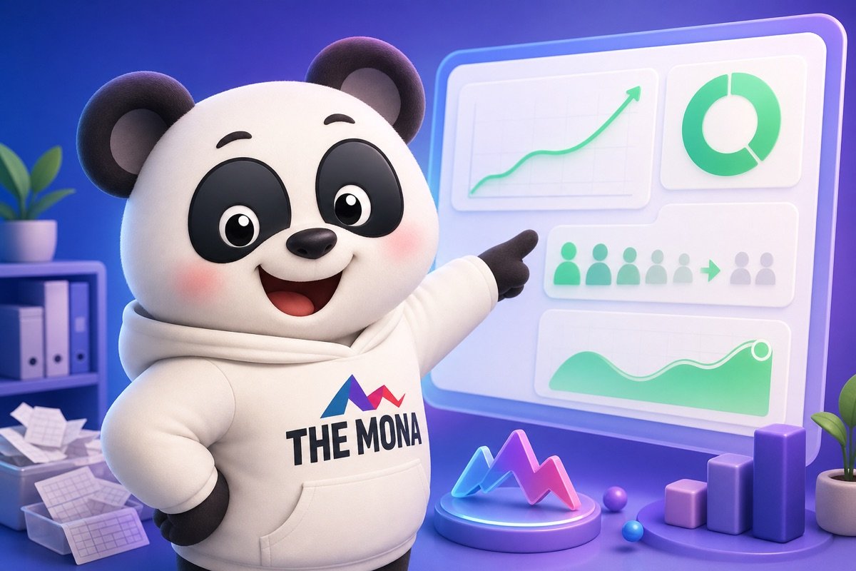 Panda vui mừng chỉ vào bảng điều khiển hiển thị hiệu suất vượt trội của phần mềm quản lý trung tâm đào tạo.