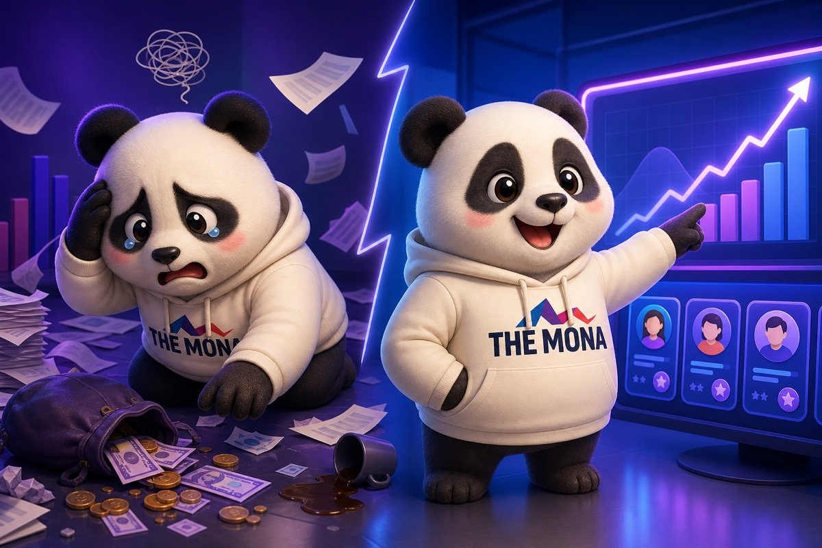 Hình ảnh so sánh trước và sau khi áp dụng phần mềm quản lý trung tâm đào tạo, với panda vui mừng chỉ vào doanh thu tăng vọt.