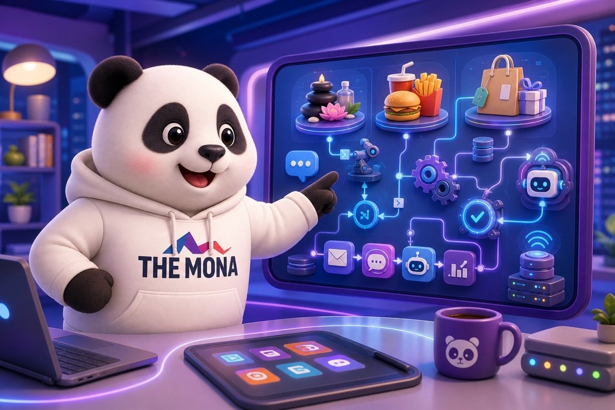 Panda vui mừng chỉ vào màn hình hiển thị khả năng áp dụng phần mềm tự động hóa cho nhiều ngành dịch vụ tương tự.