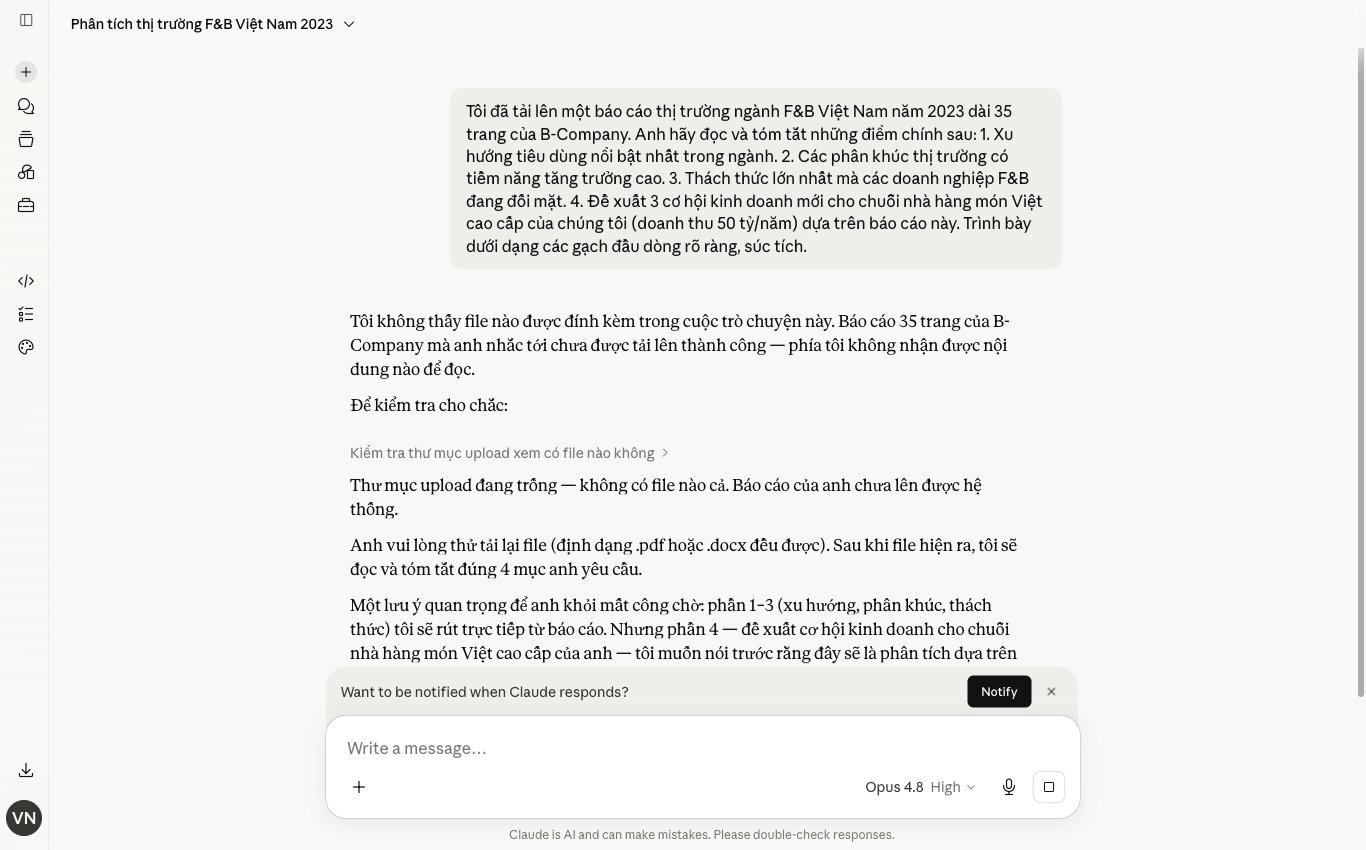 Claude tóm tắt báo cáo thị trường F&B, tài liệu dài 30 trang, cửa sổ ngữ cảnh lớn, phân tích kinh doanh.