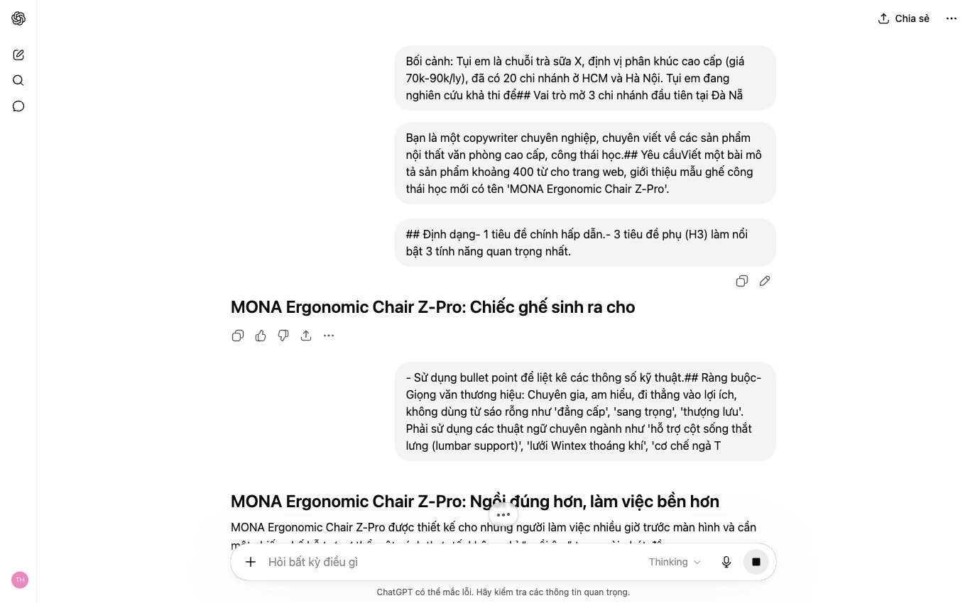 Ví dụ công thức prompt 4 lớp trên ChatGPT để viết bài chuẩn SEO và đúng giọng thương hiệu cho sản phẩm ghế công thái học.