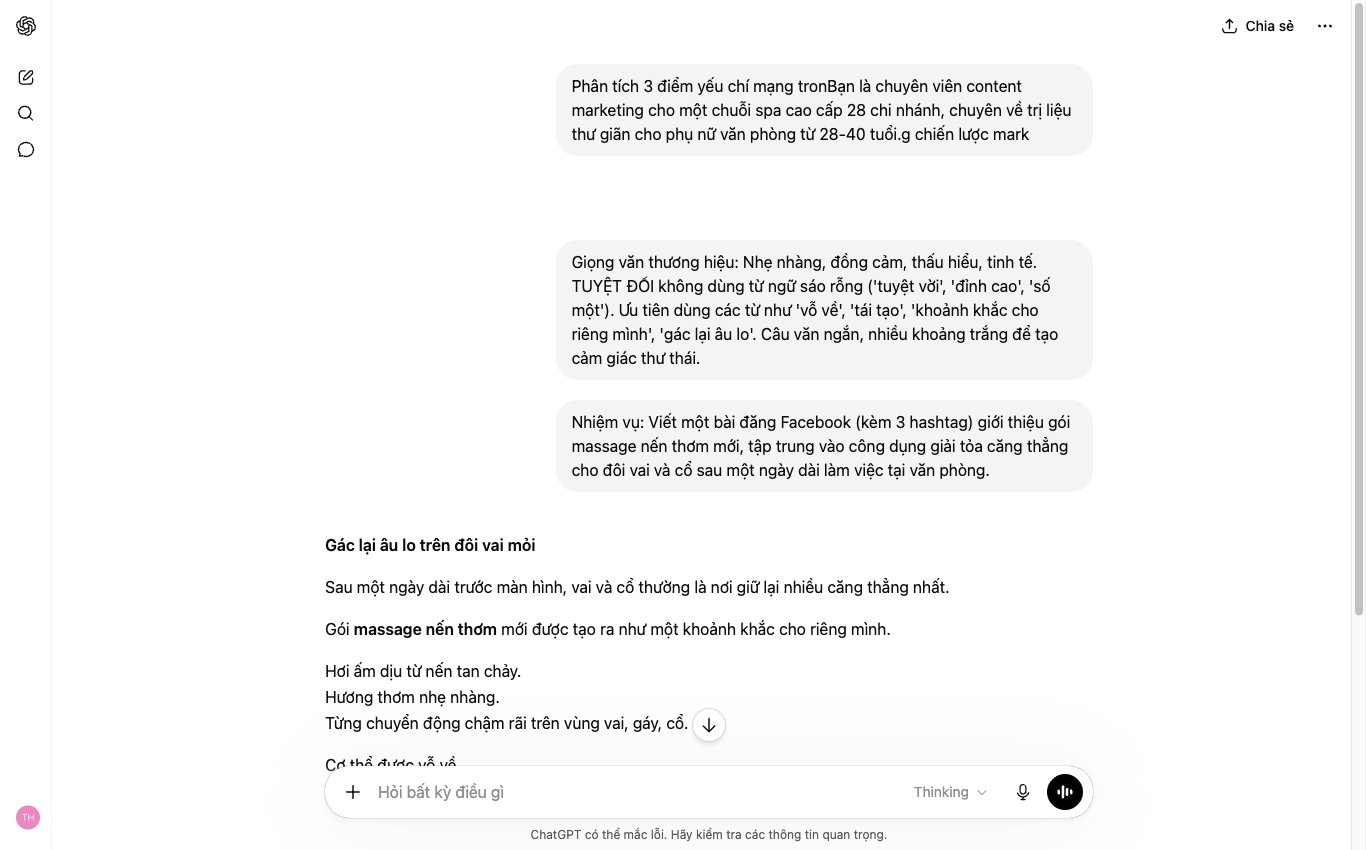 Công thức prompt 4 lớp giúp ChatGPT miễn phí viết content đúng giọng thương hiệu spa.