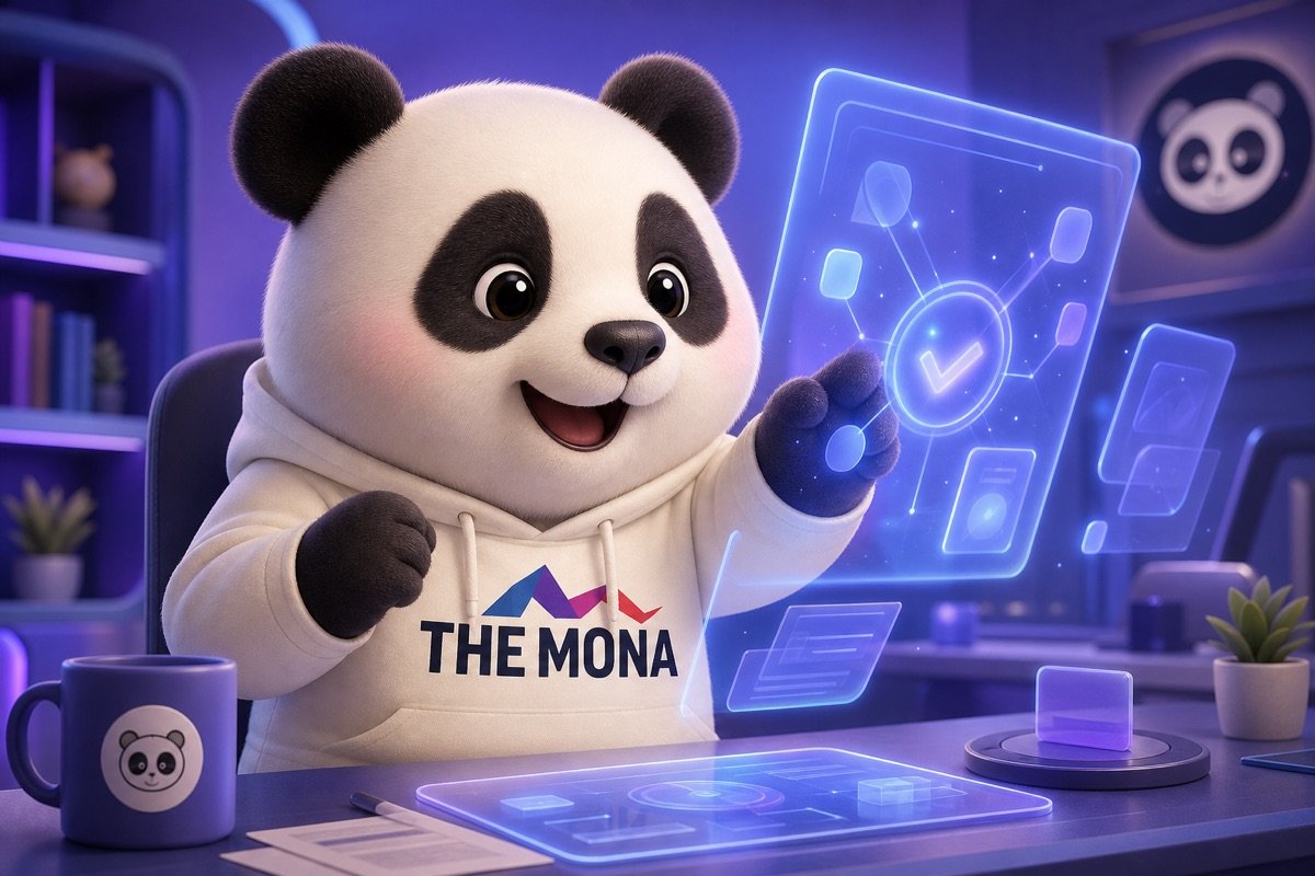Panda vui mừng, nhẹ nhõm khi giải quyết được nỗi lo nhân viên chống đối tự động hóa, ngồi trước màn hình hiển thị các quy trình tự động.