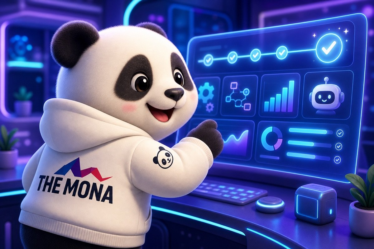 Panda mỉm cười nhẹ nhõm nhìn vào màn hình hiển thị các chỉ số tự động hóa thành công, cho thấy nỗi lo về nhân viên chống đối tự động hóa đã được giải quyết.