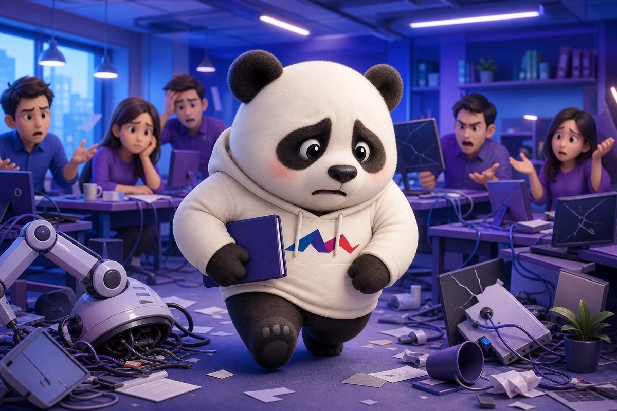 Panda buồn bã, lo lắng rũ rượi di chuyển qua văn phòng hỗn loạn, thể hiện sự căng thẳng khi nhân viên chống đối tự động hóa do sợ hãi và hiểu lầm.