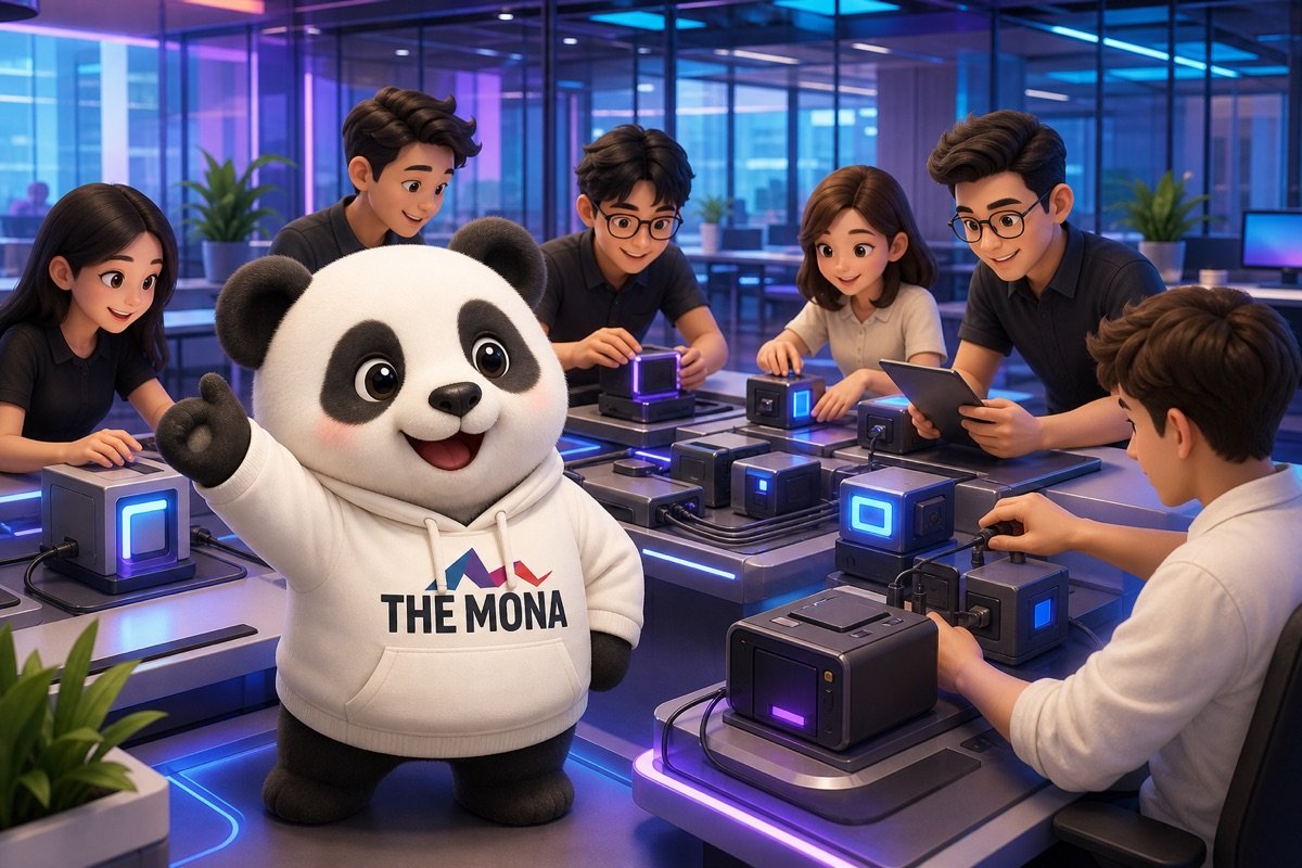 Panda mỉm cười rạng rỡ dẫn dắt đội ngũ nhân sự chủ động tham gia triển khai các mô-đun tự động hóa, thể hiện cách MONA giúp doanh nghiệp kiểm soát và giải quyết việc nhân viên chống đối tự động hóa.