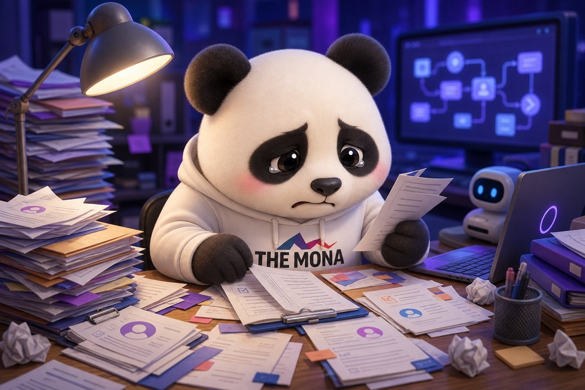 Panda buồn bã, lo lắng rũ rượi ngồi trước bàn làm việc chất đầy báo cáo mâu thuẫn và phản hồi nhân viên, thể hiện nỗi đau mất kiểm soát khi nhân viên chống đối tự động hóa.